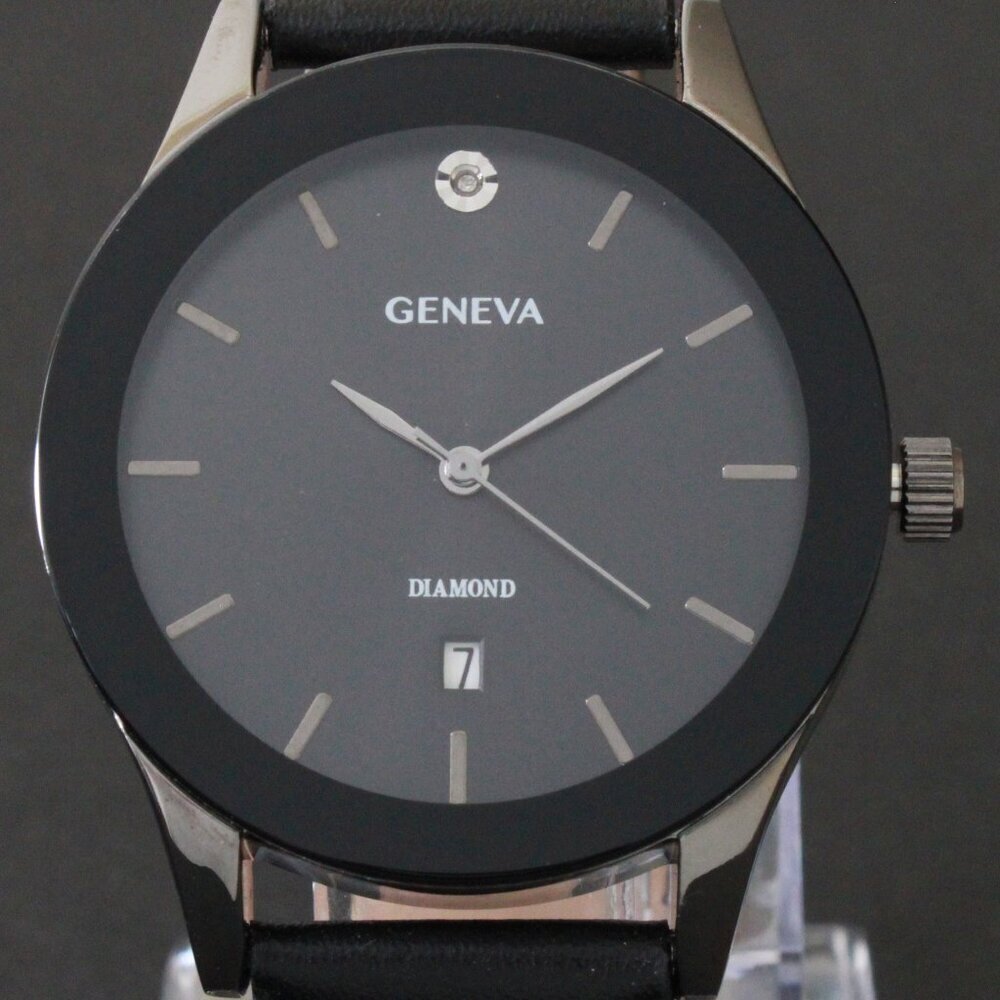 Geneva Men's Dress Watch Diamond At 12 Blacked Out Leather Strap 42mm - Picture 9 of 13